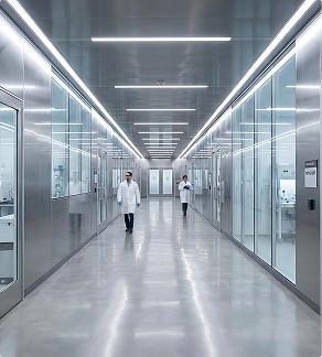 Modern pharmaceutical facility corridor