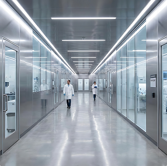 Modern pharmaceutical facility corridor
